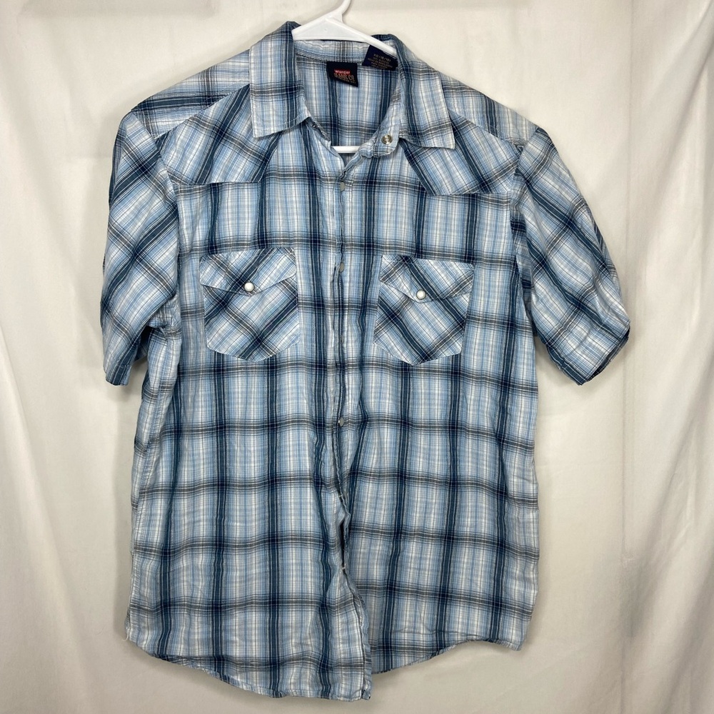 NWOT Wrangler Jeans Co youth boy’s blue plaid pearl snap short‎ sleeve shirt XL